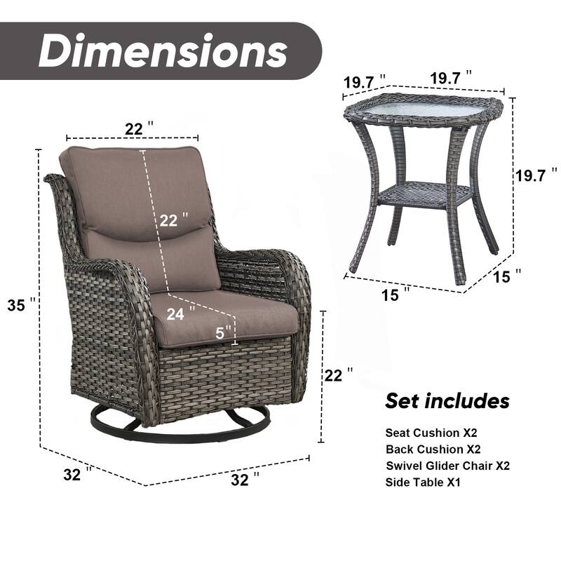 Pocassy Outdoor Glider Chairs Table with 4Inch 5Inch 6Inch Cushion