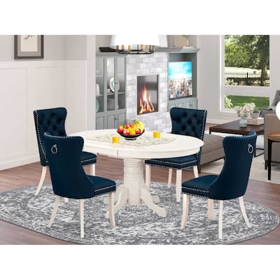 Oval Dining Set - 5 Piece Kitchen Table with 4 Chairs - Linen White & Navy Blue