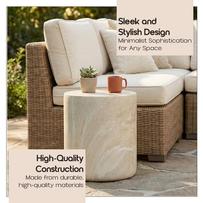 Vintara Modern Cylindrical Round Fiberstone Side Table with Brushed Finish for Living Rooms, Bedrooms, Patios, Balconies