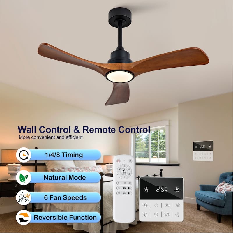 42 Inch Wood Ceiling Fan With 3 Solid Wood Blades Remote Control Reversible DC Motor For Living Room - Black