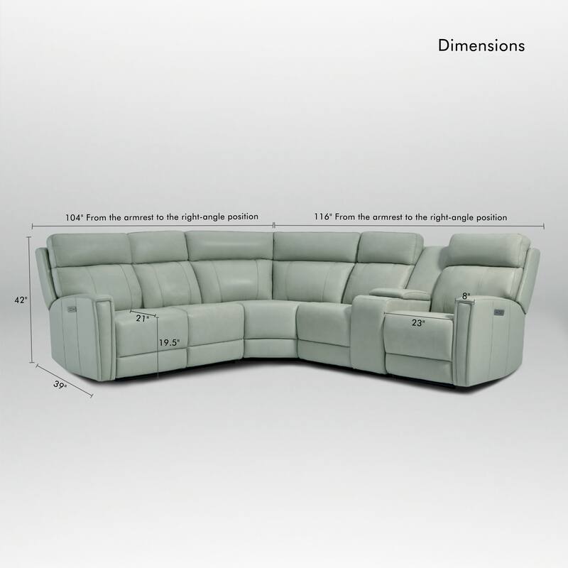 116" W L-Shaped Genuine Leather Power Reclining Sectional Sofa with Console, Ajustable Headrest, USB PortS, 1 Power Armlesschair