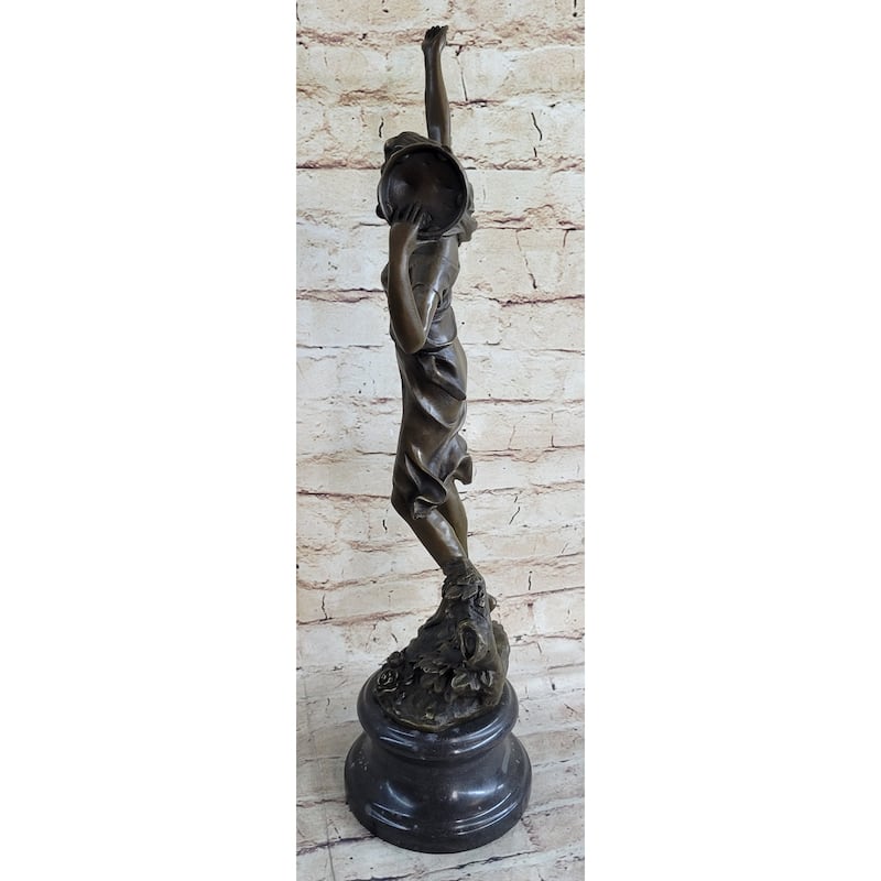 Girl Playing Tambourine Bronze Statue Sculpture Figure Musical Decor 20 Inches X 9 Inches