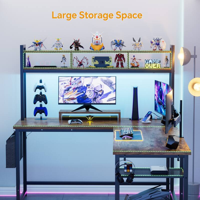 Reversible L-Shaped Desk with Storage Shelves and Hutch, Corner Desk with Charging Station and RGB LED Lights