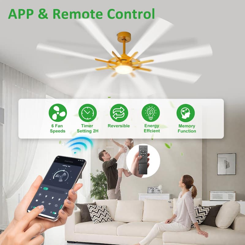 Modern 72 Inch 8 Blade Outdoor large Ceiling Fans with Lights: Dimmable Indoor Reversible 6 Speed Quiet DC Motor