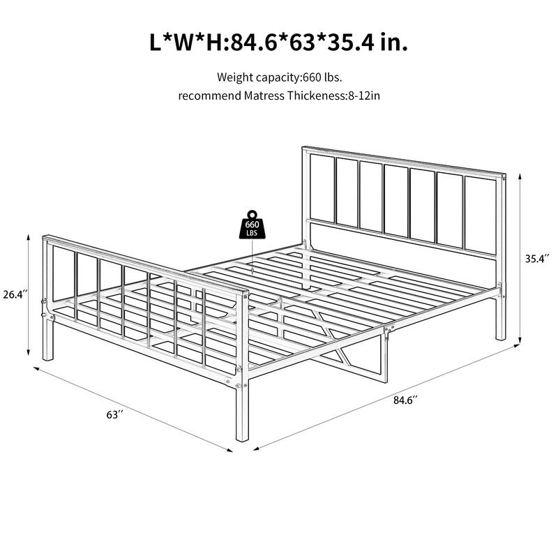 Queen Metal Platform Bed Frame with Headboard, Sturdy Iron Construction, No Box Spring Needed