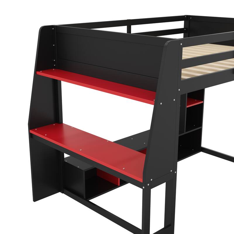 Wood Full Size Gaming Loft Bed with Desk, Cabines Shelves, LED and Clothes Rack, Black