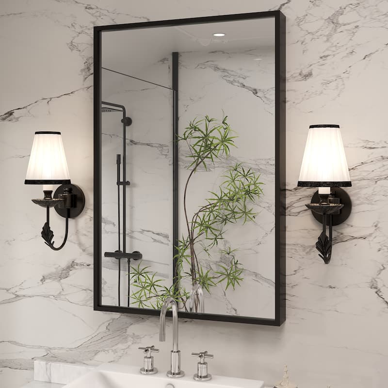 Tempered Glass and Metal Framed French Cleat Mounted Wall Bathroom / Vanity Mirror - 36" x 24" - Black
