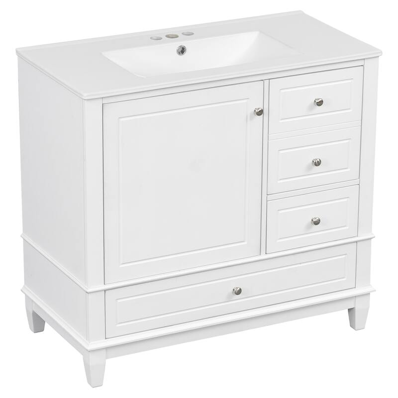 Roomfitters 36" Bathroom Vanity with Ceramic Sink, Solid Wood Frame, 3 Drawers & Soft-Close Door with Racks