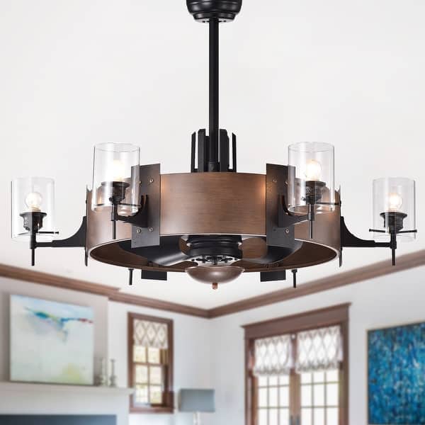 slide 2 of 5, Lodgin 35-inch Lighted Ceiling Fan with Glass Pillar Lamps Black/Brown - Remote/Hardwired