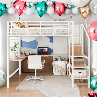 Modern Full Size Loft Bed With Desk and Metal Grid,Lateral Storage Ladder and Wardrobe for Bedroom