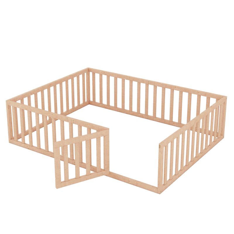 Versatile Wooden Floor Bed Frame without Slats, Solid Pinewood Kids Bed Frame with Fence and Door