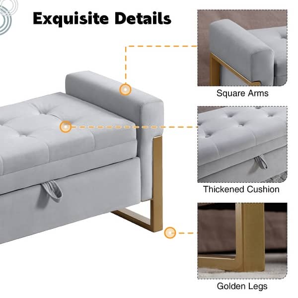 dimension image slide 2 of 13, 66" Storage Bench for Bedroom End of Bed with Double Lids and Gold Legs