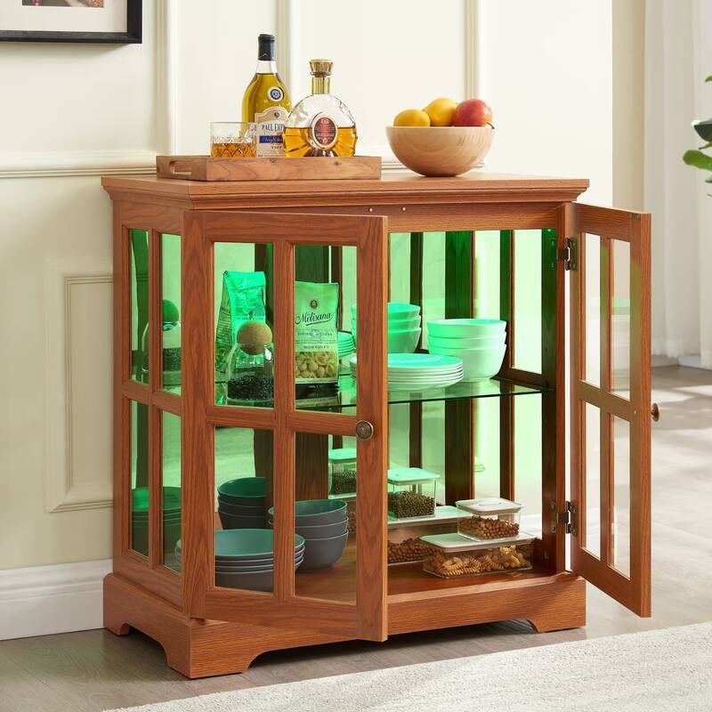 LED Glass Antique Curio Display Cabinet Showcase with Lattice Doors