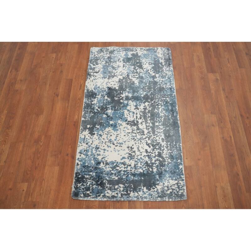 Hand Knotted Oriental Viscose Silk Carpet Modern All-Over Navy Blue & Blues Abstract Area Rug - 3' 9'' X 2' 1''