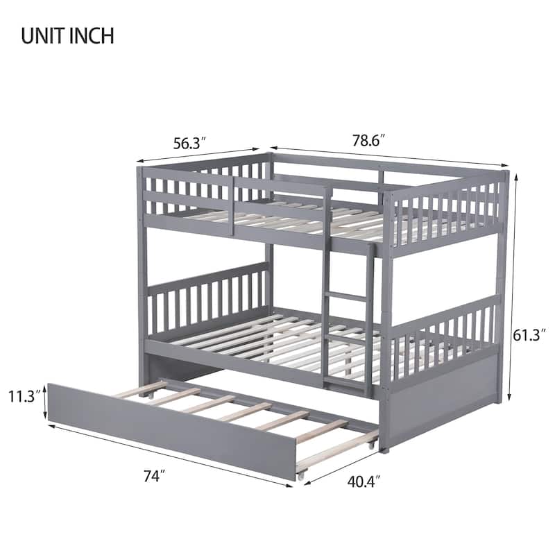 Convertible Full Over Full Rubber Wood Bunk Bed with Trundle, Ladder and Guardrails