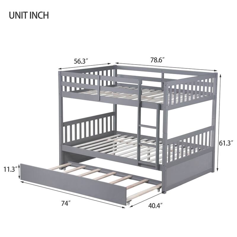 Roomfitters Full Over Full Rubber Wood Bunk Bed with Trundle, Convertible to Two Full Beds with Ladder and Guardrails