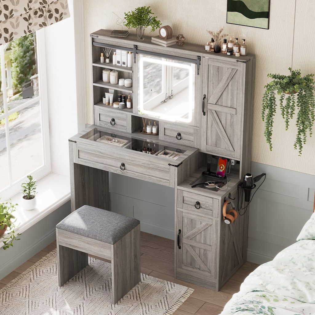 Farmhouse Vanity Desk with Sliding Mirror and Lights, Vanity Set with Glass Top and Charging Station