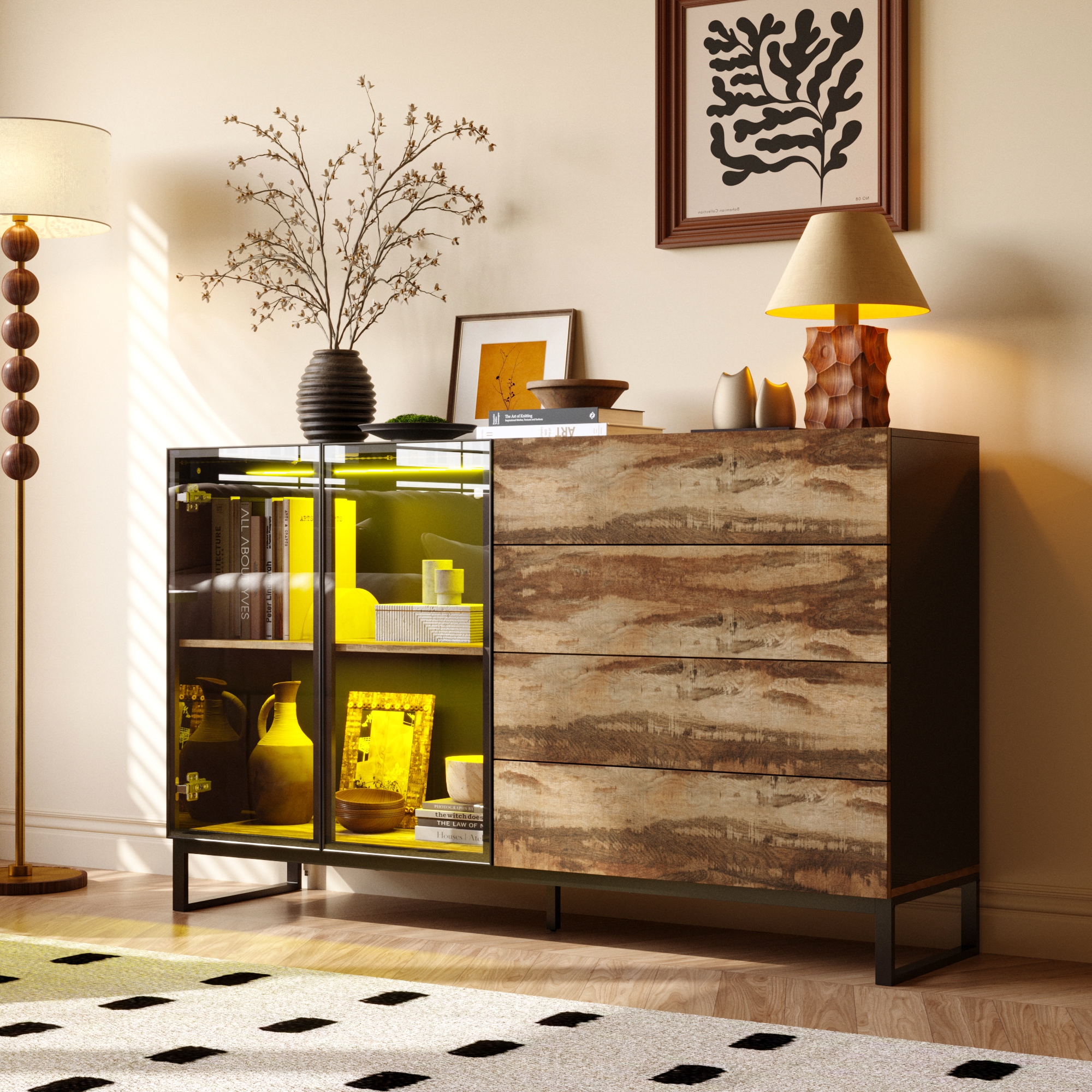 Bookshelves Sideboard Cabinet with Glass Doors and Rustic Wood