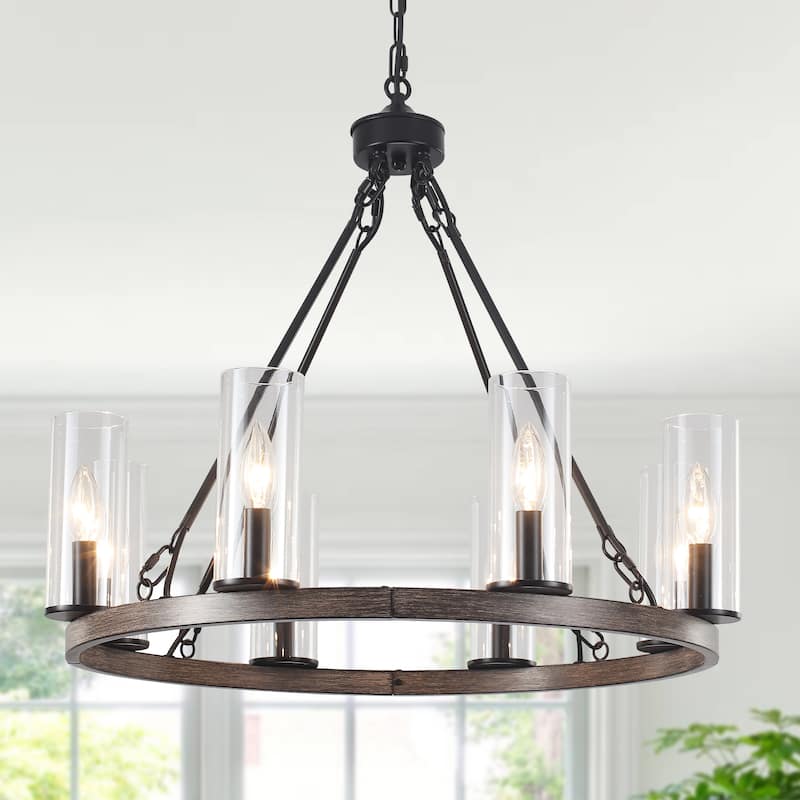 25.98inch 8-light Farmhouse Wagon Wheel Height Adjustable Chandelier With Glass Shade for Multiple Spaces