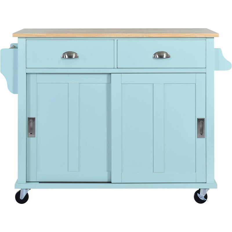 Rolling Kitchen Island with Drop-Leaf Countertop, Adjustable Shelves, 2 Drawers & Sliding Barn Door - Mint Green