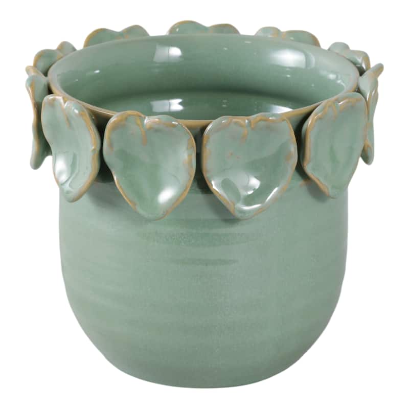 Stoneware Ceramic Planter Handcrafted Sculpted Leaf Embellishments - Green - 6" x 6" x 5.25"