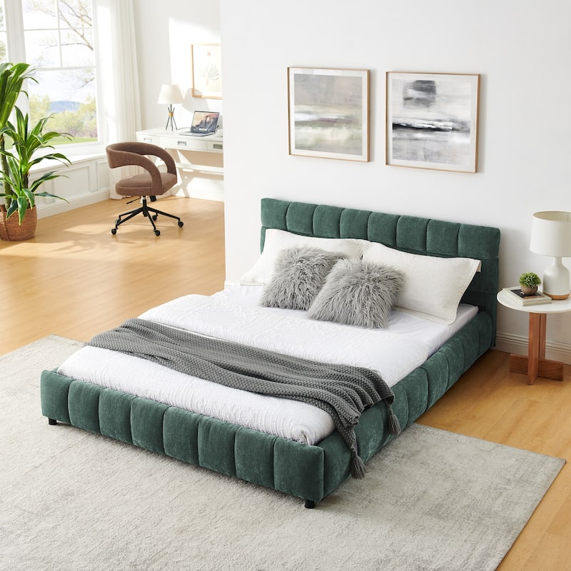 Block Thick Chenille Low Profile Platform Bed Fabric Upholstered Bedframe with Headboard Solid Wood Frame - Optional Storage Bed