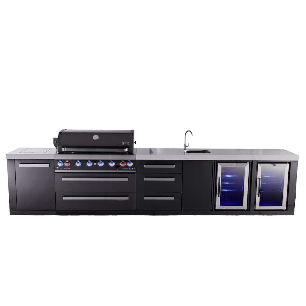 Mont Alpi 157"W Black Stainless Steel Outdoor Kitchen Island with 2 Refrigerators + Faucet & Sink + 44"W 6-Burner BBQ Grill