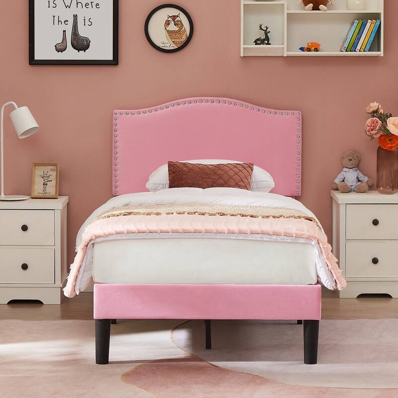 VECELO, Upholstered Platform Bed Frame with Adjustable Headboard, Twin/Full/Queen Size Beds, Pink