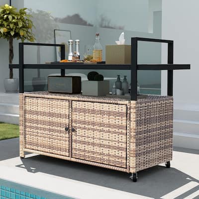 Wicker Outdoor Kitchen Serving Station with Storage Cabinet and Wheels - 51.2L x 19.7"W x 35.4"H