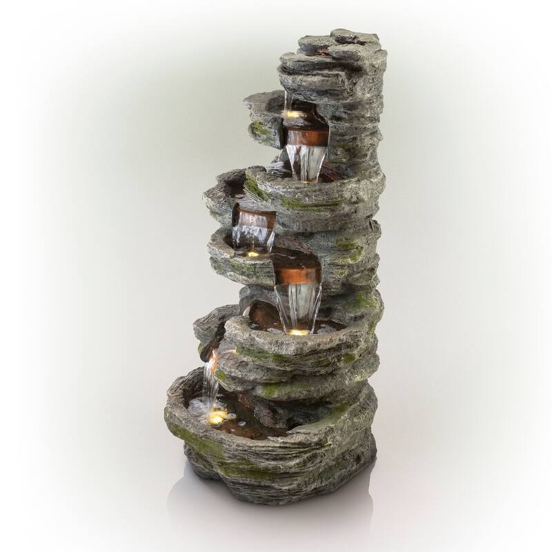 Alpine Corporation WIN1146 58" Gray Outdoor Floor 8 Tier Rock Water Fountain with LED Lights