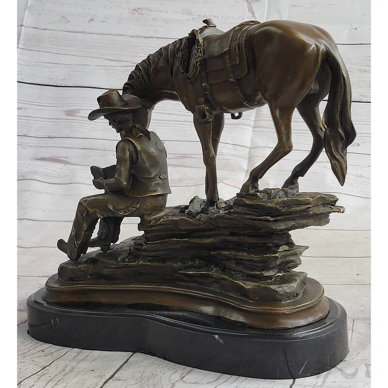 Cowboy Reading A Book With Horse Bronze Metal Western Sculpture Statue Remington Decor 11 Inches X 13 Inches