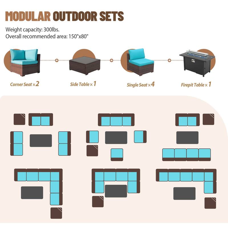 Outdoor Wicker Sectional Sofa 8-Piece Set with Fire Pit Table