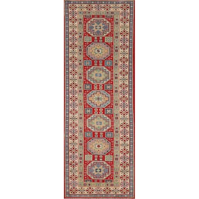 Geometric Kazak Runner Rug Hand-Knotted Oriental Red Wool Carpet - 2'9" x 9'11"