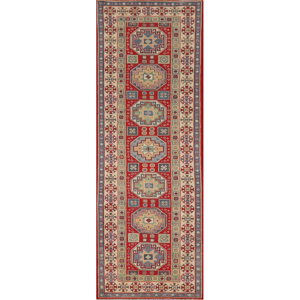 Geometric Kazak Runner Rug Hand-Knotted Oriental Red Wool Carpet - 2'9" x 9'11"
