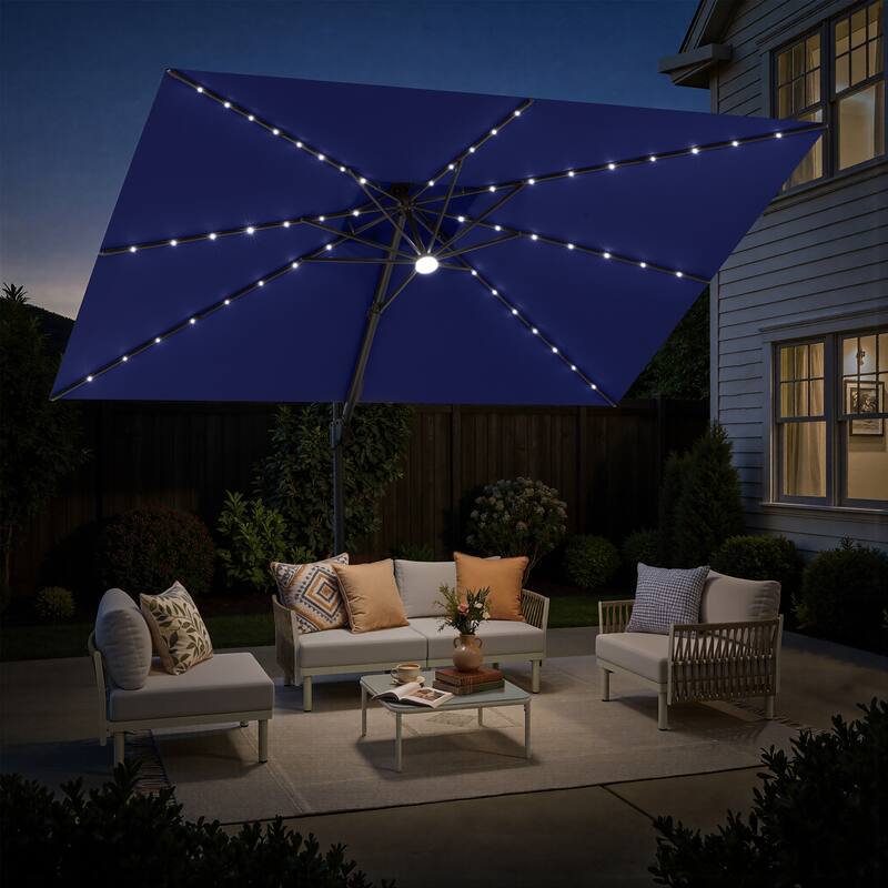 11 FT Square Outdoor Premium Double Top Solar Powered LED Patio Cantilever Umbrella - Navy Blue