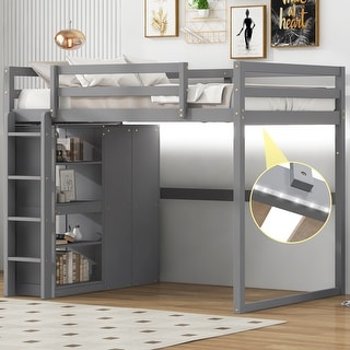 Gray Full Size Wood Loft Bed with Wardrobe and Storage Shelves