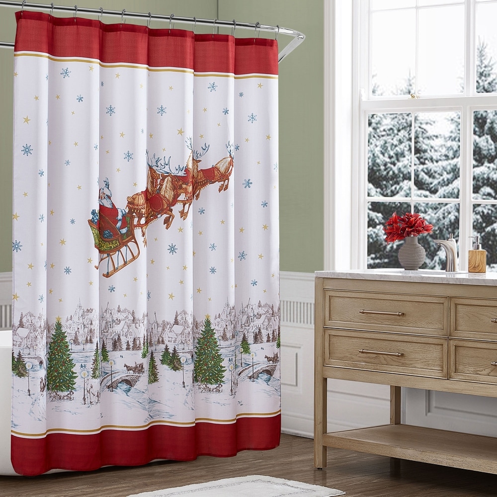 Merry Christmas Fireworks and Village Bathroom Fabric Shower Curtain Set 71inch 