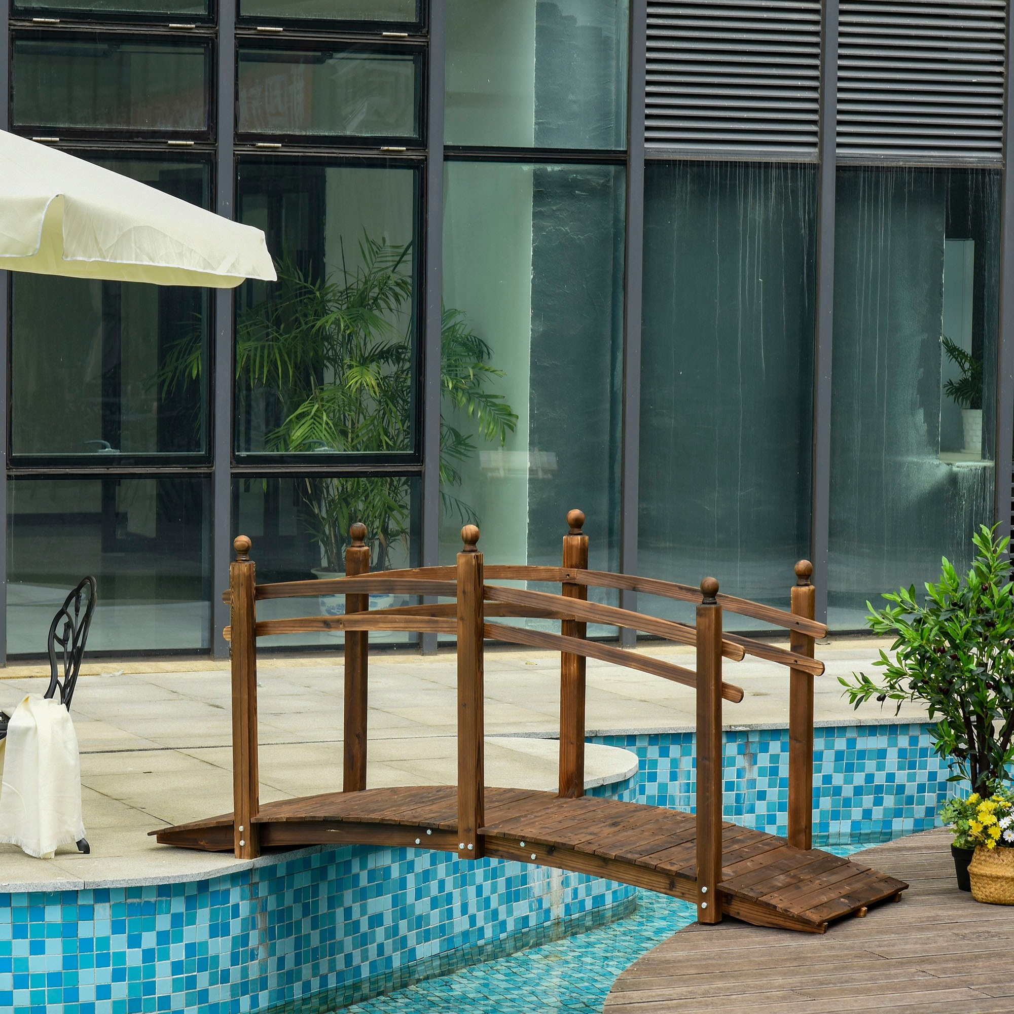Outsunny 7.5' Fir Wood Garden Bridge Arc Walkway with Side Railings, Perfect for Backyards, Gardens, & Streams, Stained