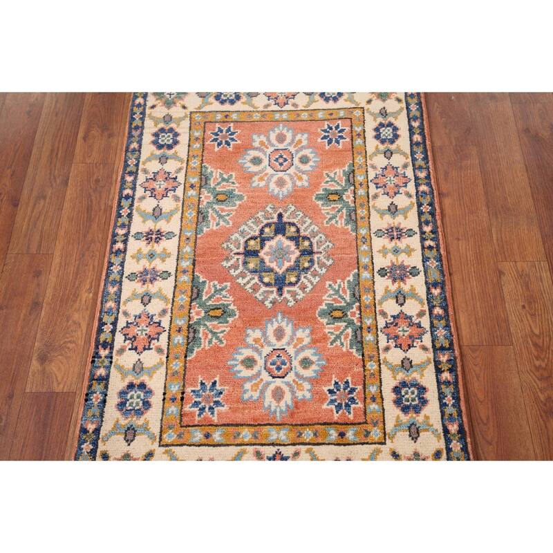 Geometric Kazak Accent Rug Handmade Orange Wool Carpet - 2'0" x 3'0"