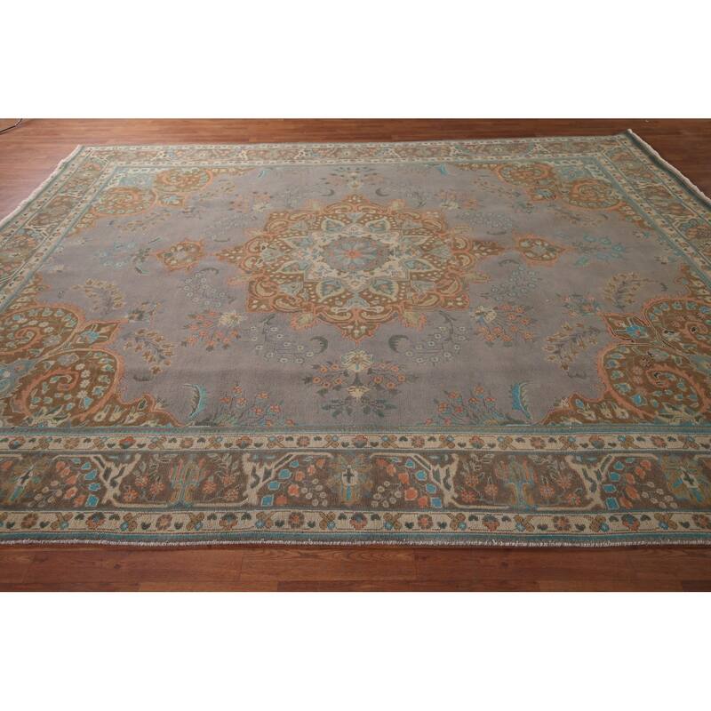 Tabriz Persian Vintage Rug Hand-Knotted Traditional Gray Wool Carpet - 9'5"x 12'4"