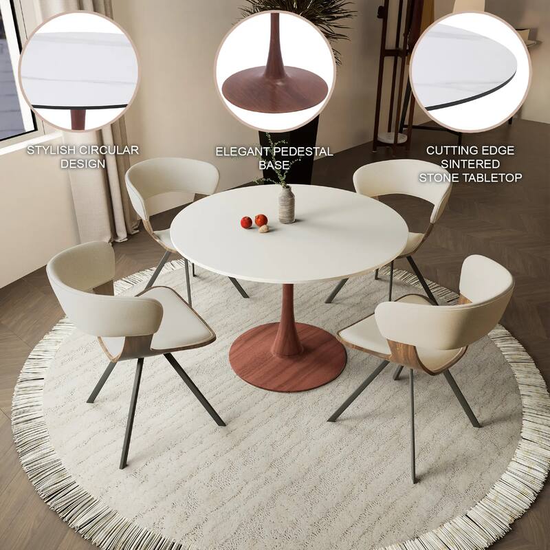 Bristol 31" Round Dining Table with Sintered Stone Top and Cherry Steel Pedestal Base for Modern Kitchen and Dining Room