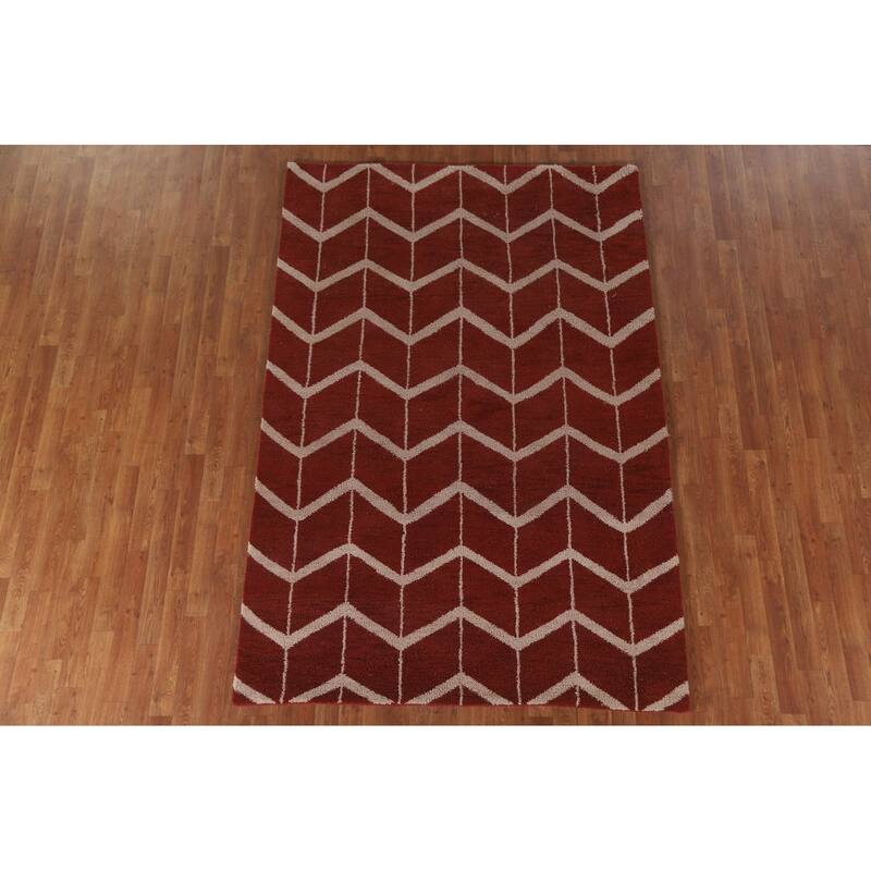 Hand Knotted Oriental 100% Wool Carpet Modern Chevron Red Gabbeh Area Rug - 7' 11'' X 5' 3''