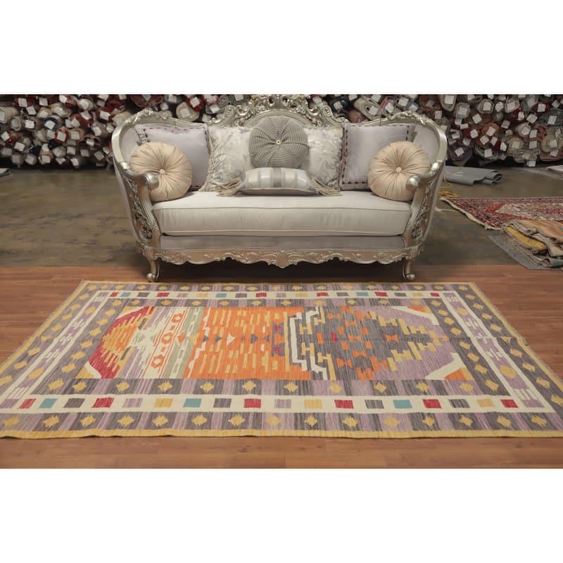 Hand Woven Oriental 100% Wool Carpet Southwestern Tribal Multi-Colored Kilim Area Rug - 8' 1'' X 4' 11''