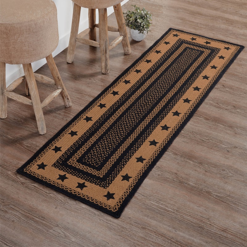 Farmhouse Jute Rug/Runner Rect Stencil Stars w/ Pad 24x78 - 2' x 6' - 2' x 6' - Black