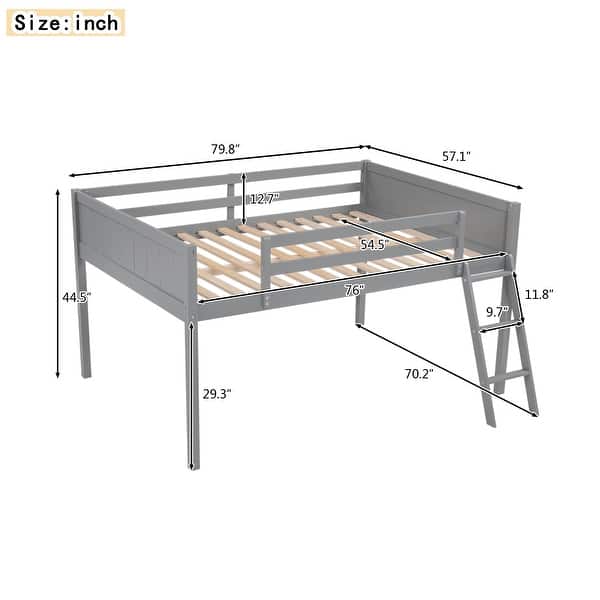 Full Wood Loft Bed Frame with Ladder, Ladder can be Placed on The Left or Right, for Boys Girls Kids Adults Toddler, Gray