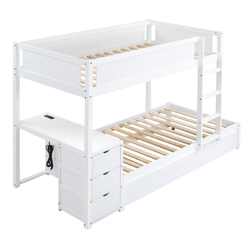 Twin-Over-Twin Bunk Bed with Trundle, Storage, Desk, USB Ports, White