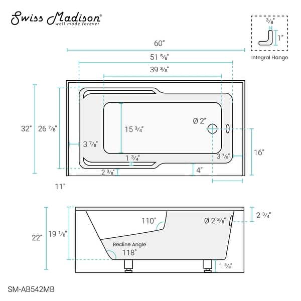 dimension image slide 1 of 20, Swiss Madison Voltaire, Acrylic White, Alcove, Integral Armrest, Bathtub with Apron
