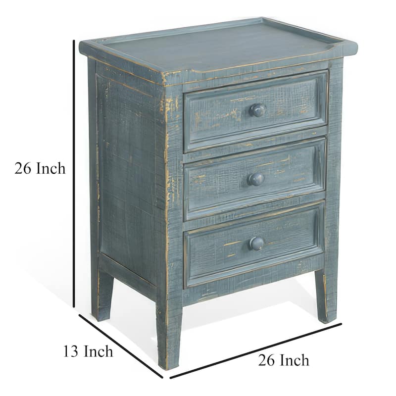 Rena Side End Table with 3 Drawers, 19 Inch Rustic Green Mahogany Wood