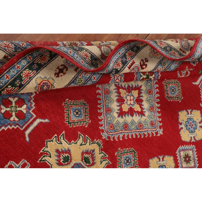Red Geometric Kazak Oriental Area Rug Dining Room Handmade Wool Carpet - 5'6" x 7'10"
