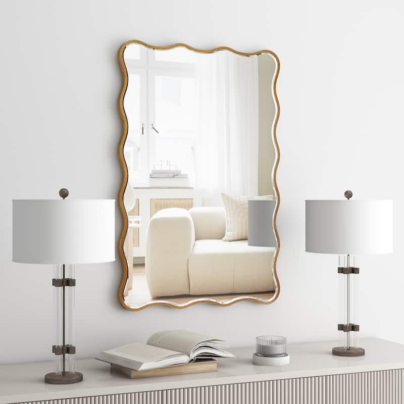 Antique Gold Wall Mirror Rectangle Wave Metal Accent Mirror - 30"×20"